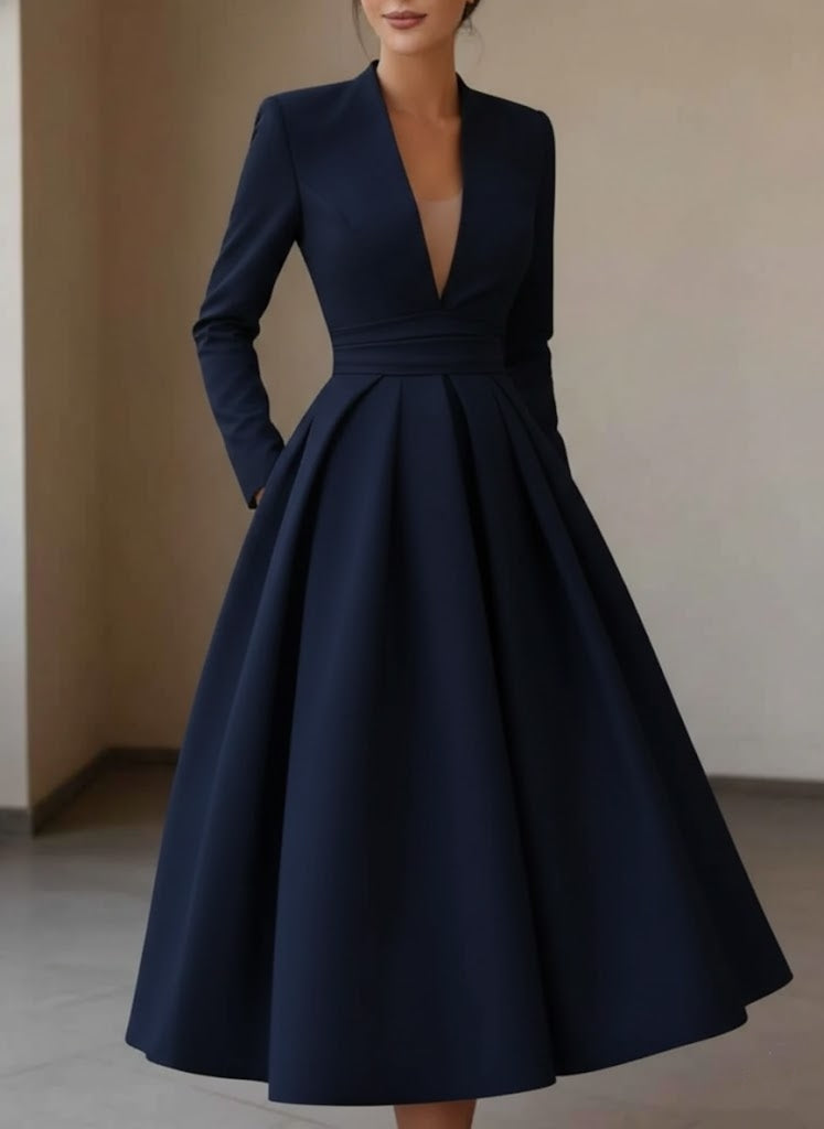 A-Line/Princess V-Neck Satin Cocktail Dresses Tea-Length Long Sleeves Pleated Formal Dresses