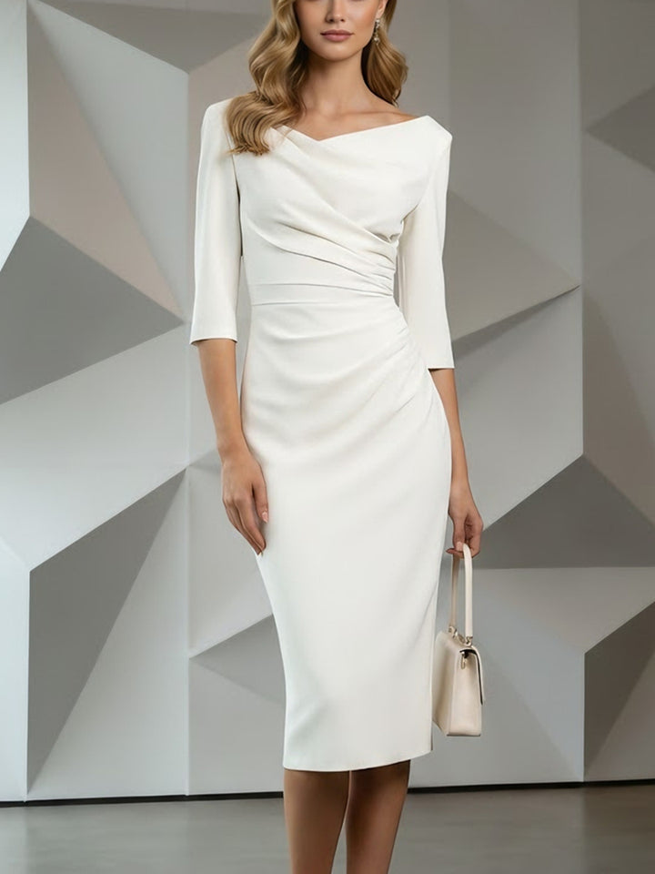 Sheath/Column Cowl Neck Satin Cocktail Dresses Tea-Length 3/4 Sleeves Ruched Formal Dresses