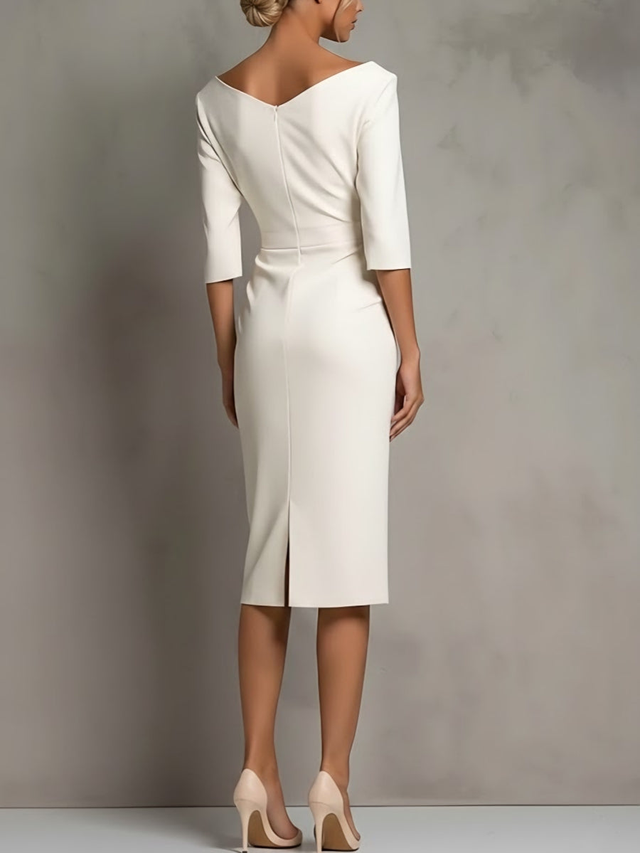 Sheath/Column Cowl Neck Satin Cocktail Dresses Tea-Length 3/4 Sleeves Ruched Formal Dresses