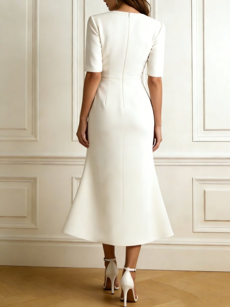 Trumpet/Mermaid Square Collar Stretch Satin Cocktail Dresses with Split Side Tea-Length Short Sleeves Formal Dress