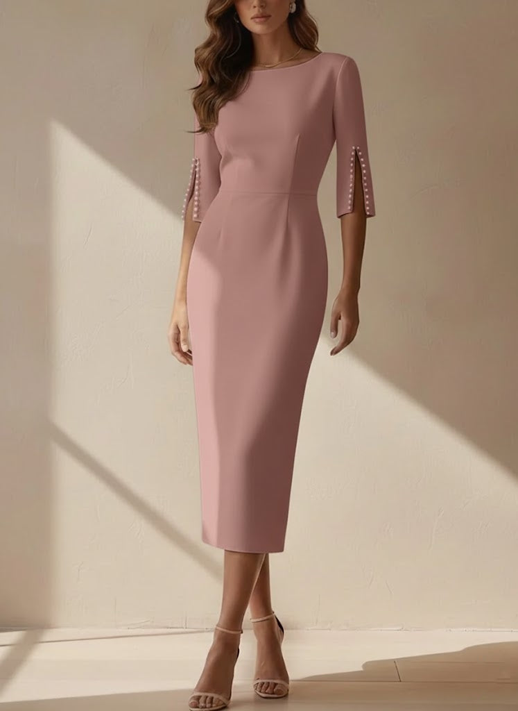 Sheath/Column Scoop Stretch Satin Cocktail Dresses Tea-Length Half Sleeves Formal Dress Peacock