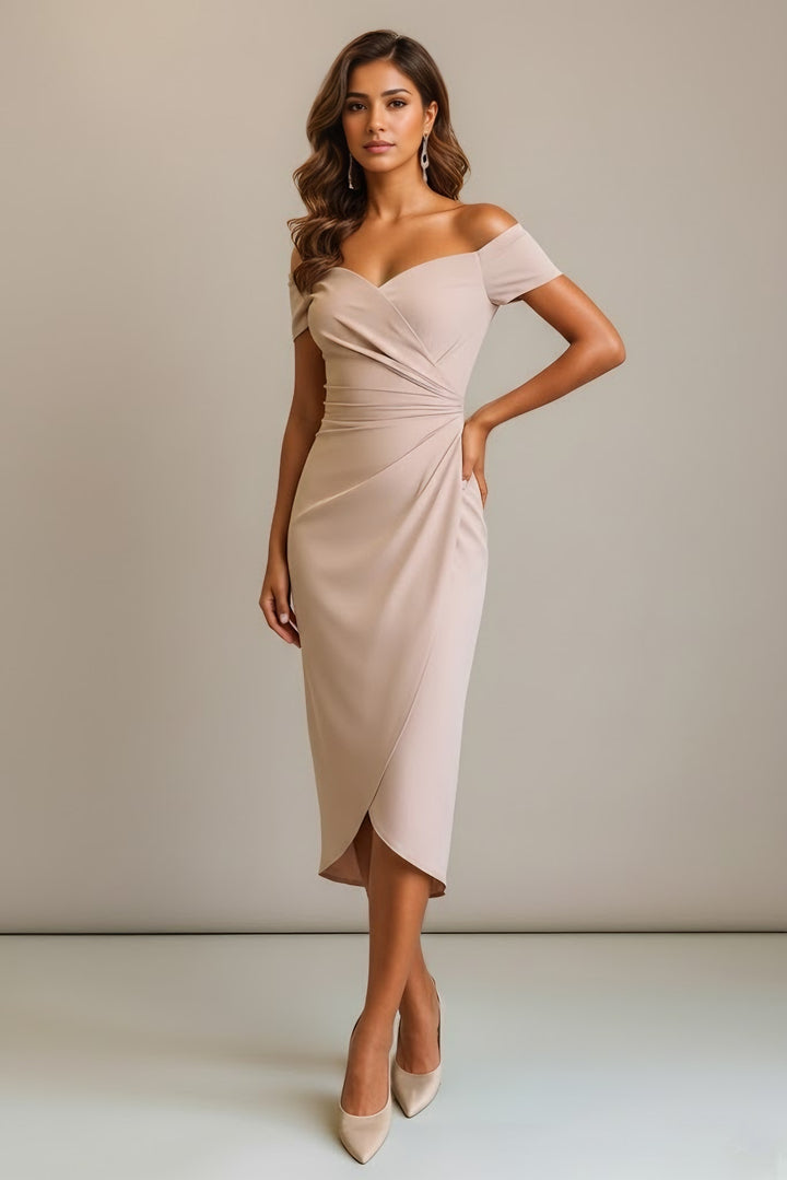 Sheath/Column Off-the-Shoulder Satin Cocktail Dresses Sleeveless Tea-Length Ruched Formal Dresses