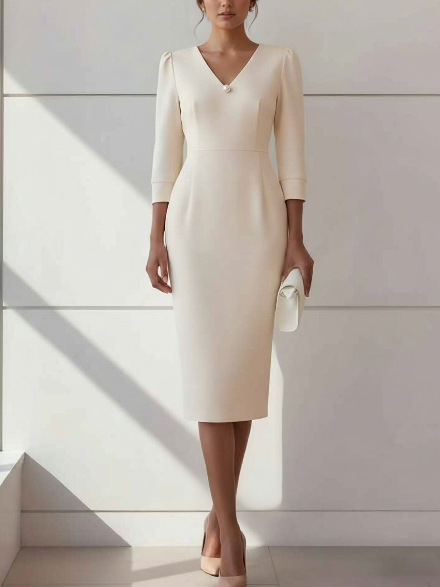 Sheath/Column V-Neck Stretch Satin Cocktail Dresses with Pearl Tea-Length 3/4 Sleeves Formal Dress