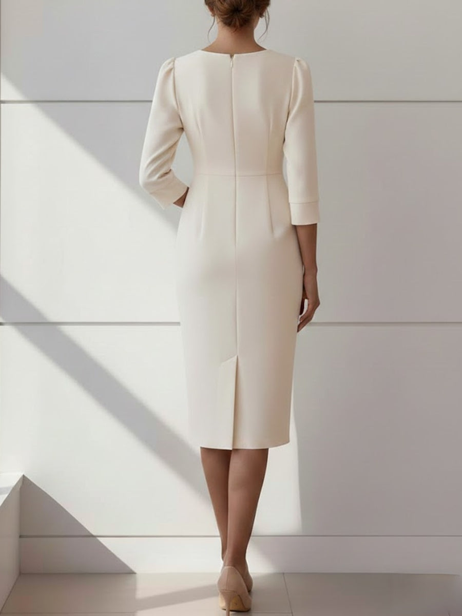 Sheath/Column V-Neck Stretch Satin Cocktail Dresses with Pearl Tea-Length 3/4 Sleeves Formal Dress