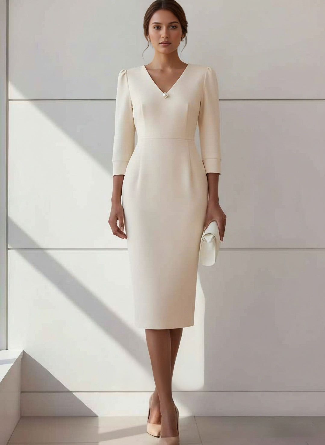 Sheath/Column V-Neck Stretch Satin Cocktail Dresses with Pearl Tea-Length 3/4 Sleeves Formal Dress