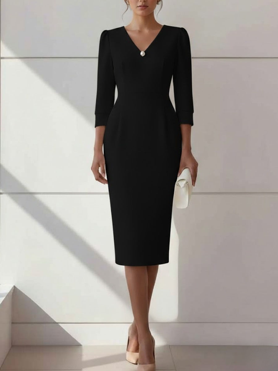 Sheath/Column V-Neck Stretch Satin Cocktail Dresses with Pearl Tea-Length 3/4 Sleeves Formal Dress