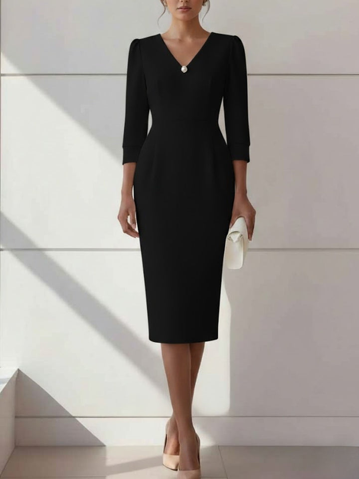 Sheath/Column V-Neck Stretch Satin Cocktail Dresses with Pearl Tea-Length 3/4 Sleeves Formal Dress
