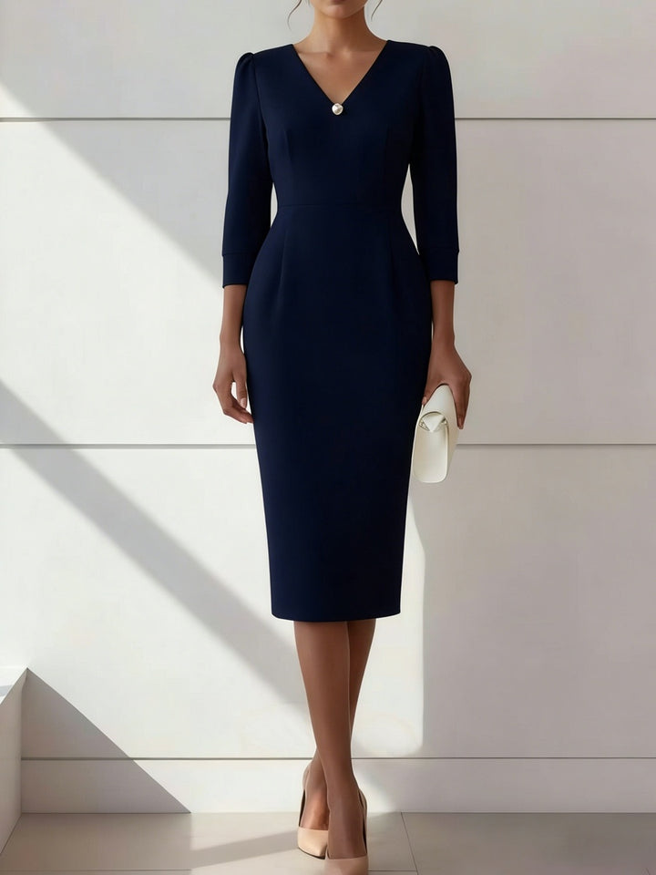 Sheath/Column V-Neck Stretch Satin Cocktail Dresses with Pearl Tea-Length 3/4 Sleeves Formal Dress