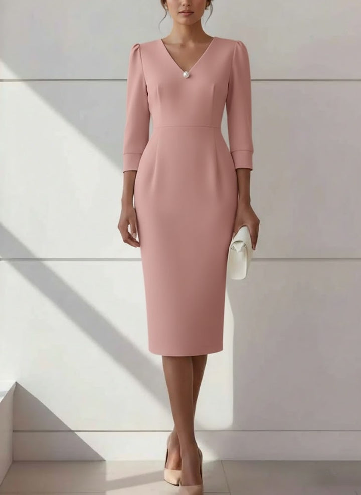 Sheath/Column V-Neck Stretch Satin Cocktail Dresses with Pearl Tea-Length 3/4 Sleeves Formal Dress