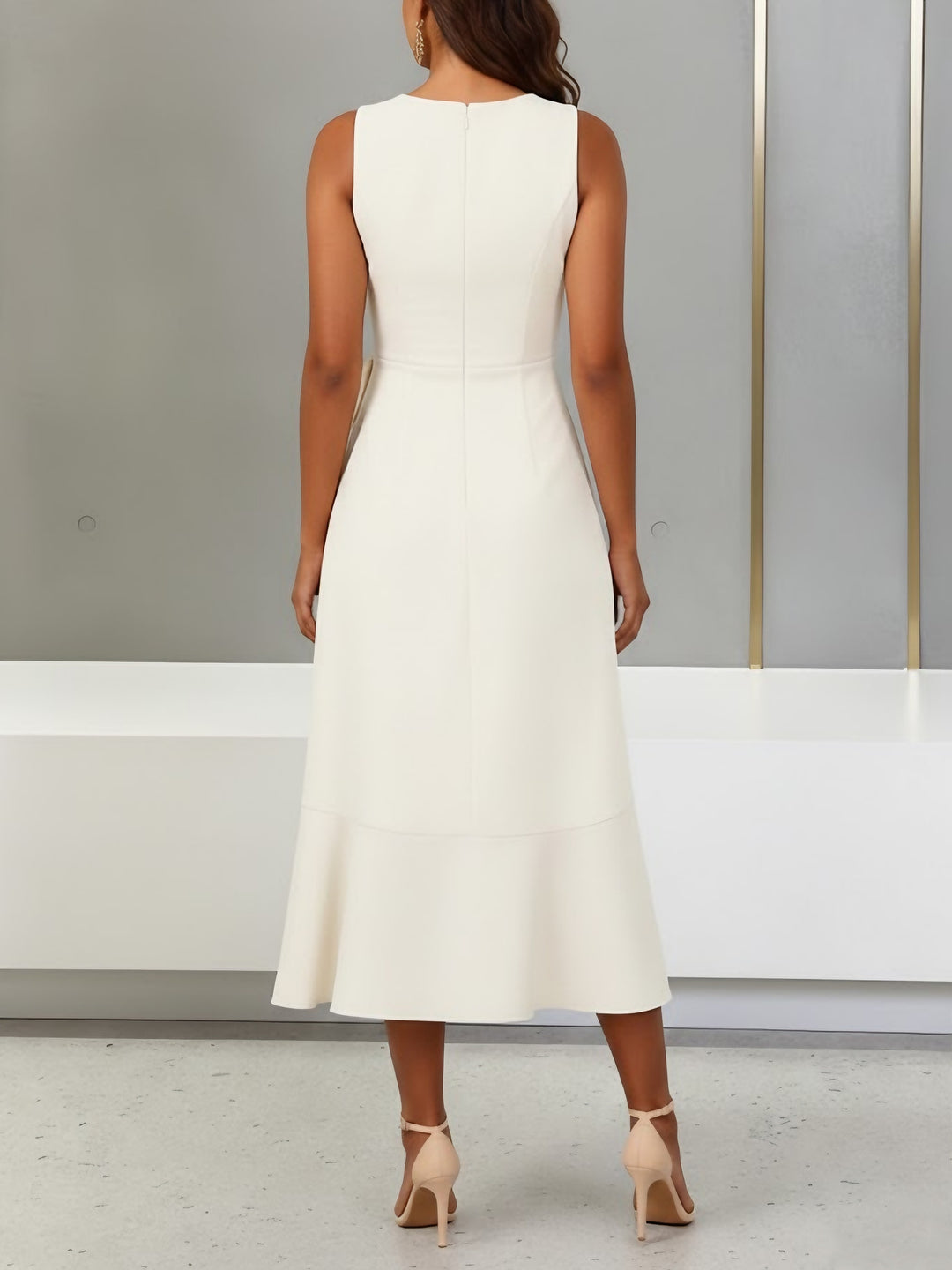 Trumpet/Mermaid Scoop Stretch Satin Cocktail Dresses with Split Side Tea-Length Sleeveless Ruffles Formal Dress