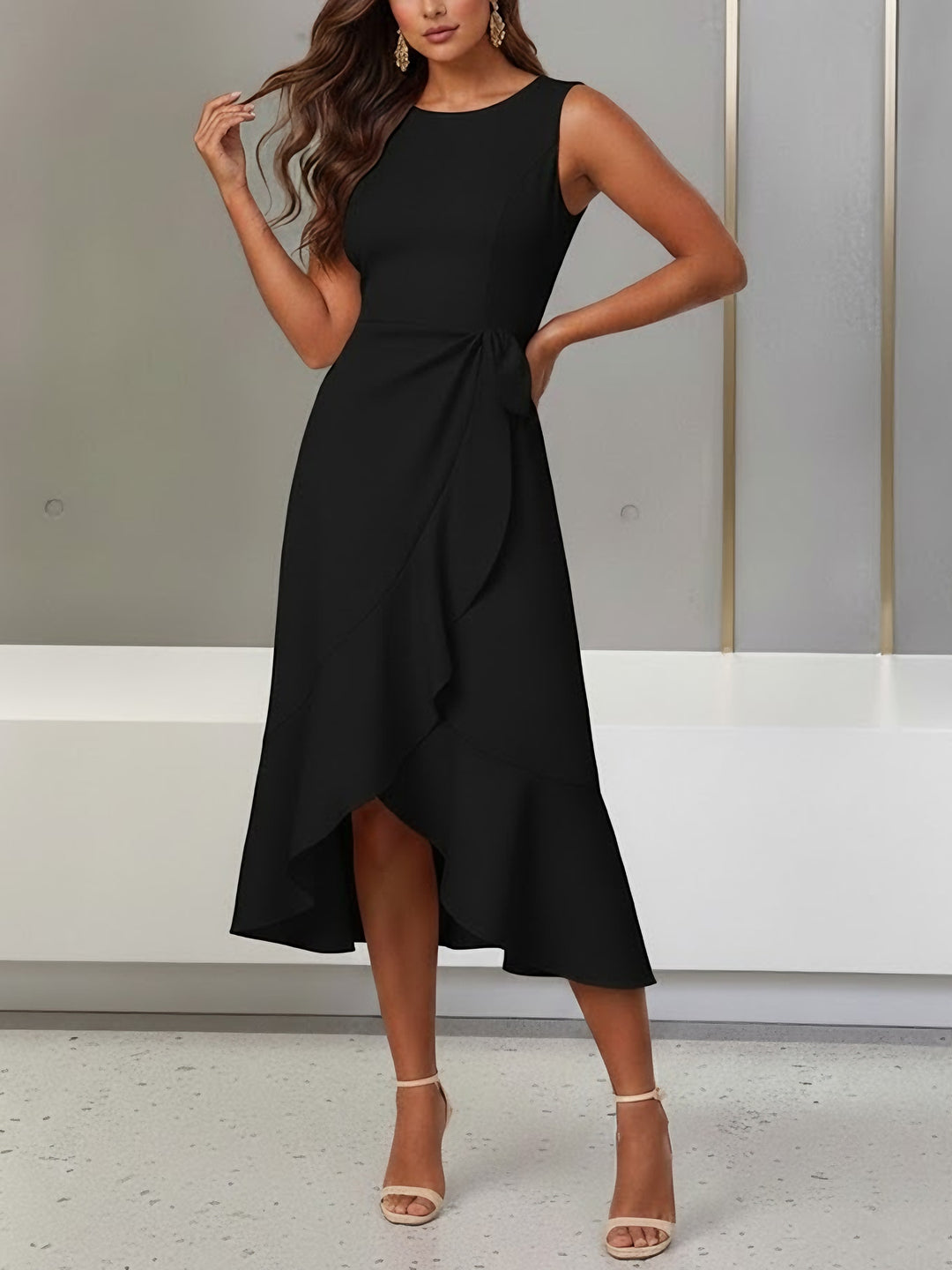 Trumpet/Mermaid Scoop Stretch Satin Cocktail Dresses with Split Side Tea-Length Sleeveless Ruffles Formal Dress