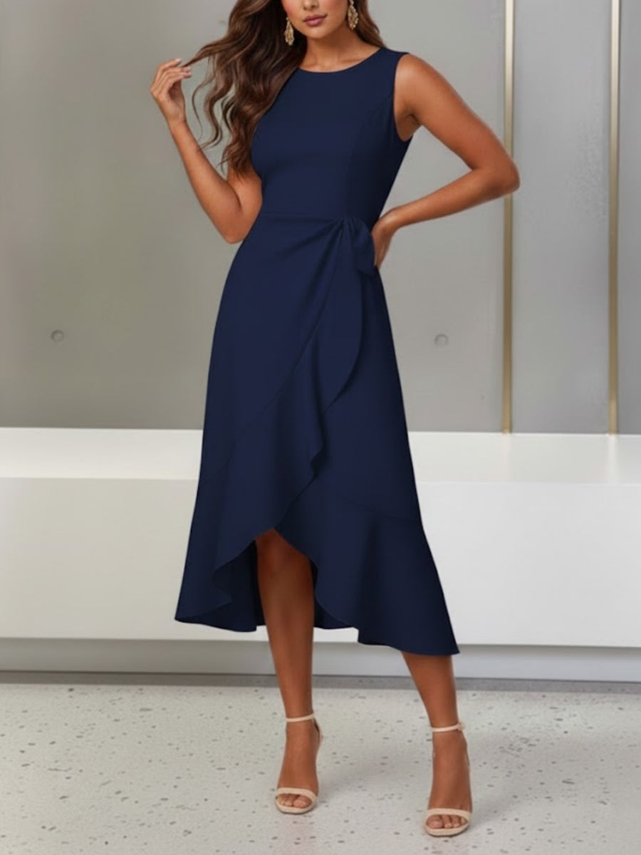 Trumpet/Mermaid Scoop Stretch Satin Cocktail Dresses with Split Side Tea-Length Sleeveless Ruffles Formal Dress