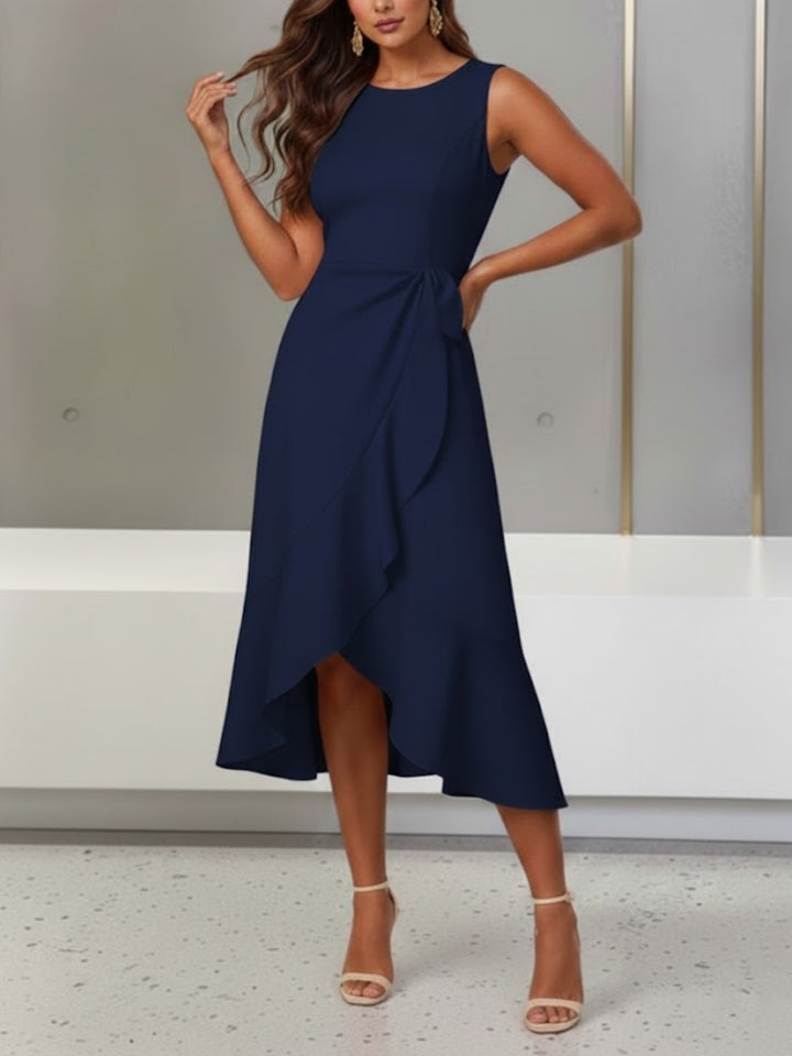 Trumpet/Mermaid Scoop Stretch Satin Cocktail Dresses with Split Side Tea-Length Sleeveless Ruffles Formal Dress