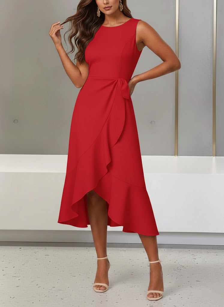 Trumpet/Mermaid Scoop Stretch Satin Cocktail Dresses with Split Side Tea-Length Sleeveless Ruffles Formal Dress