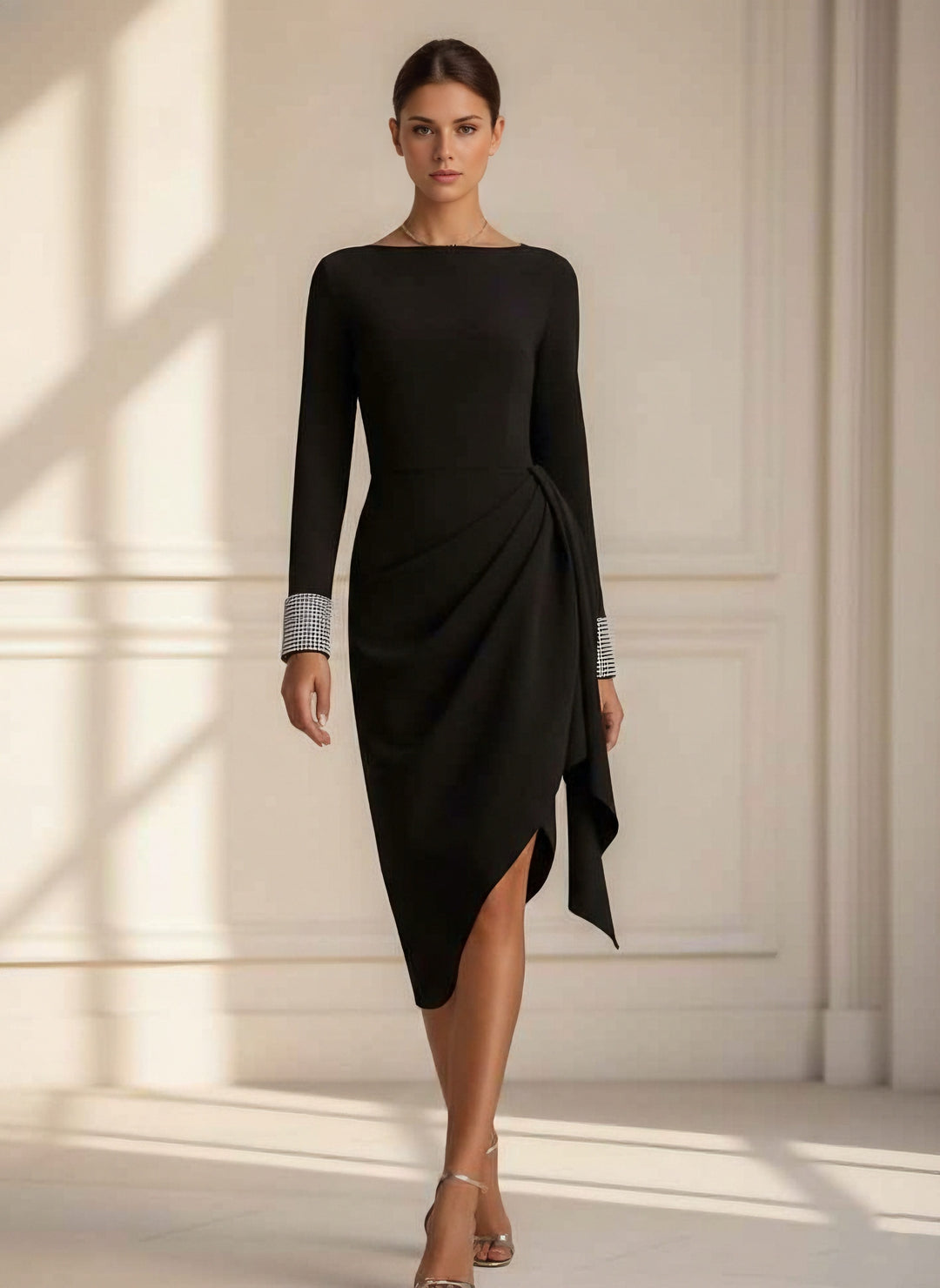 Sheath/Column Cowl Neck Stretch Satin Cocktail Dresses Asymmetrical Tea-Length Long Sleeves Ruffles Formal Dress