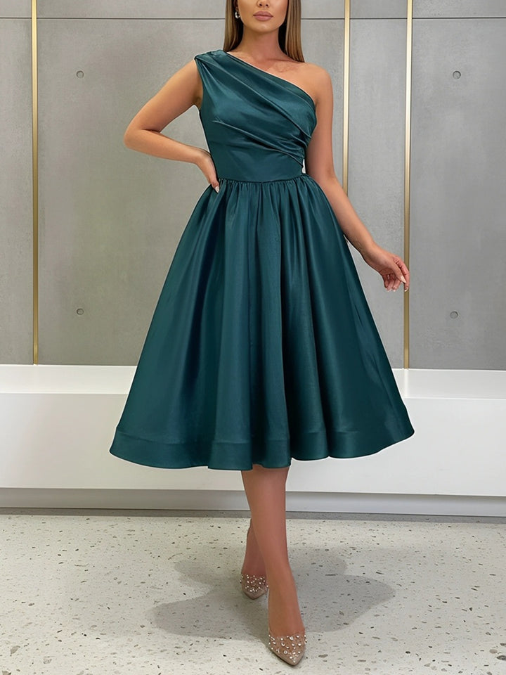 A-Line/Princess One-Shoulder Silk Satin Cocktail Dresses Sleeveless Tea-Length Pleated Formal Dresses