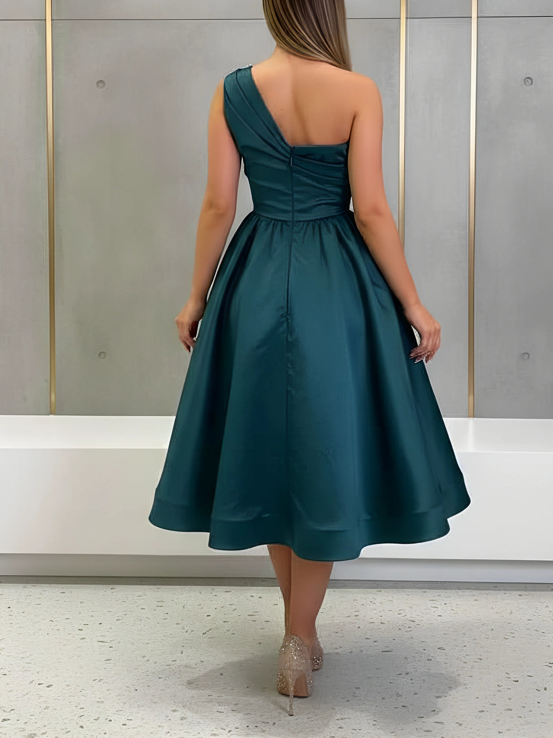 A-Line/Princess One-Shoulder Silk Satin Cocktail Dresses Sleeveless Tea-Length Pleated Formal Dresses