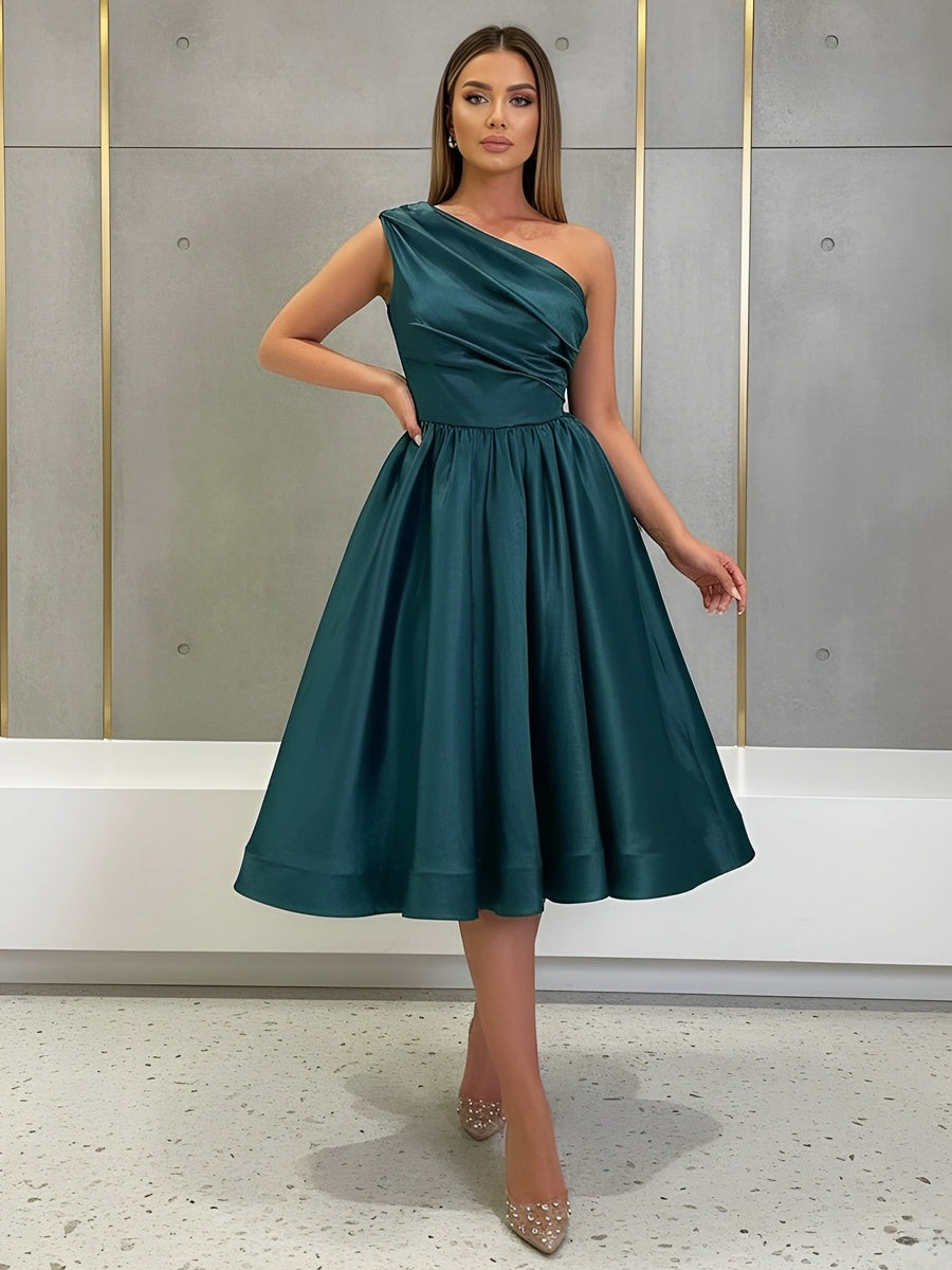 A-Line/Princess One-Shoulder Silk Satin Cocktail Dresses Sleeveless Tea-Length Pleated Formal Dresses