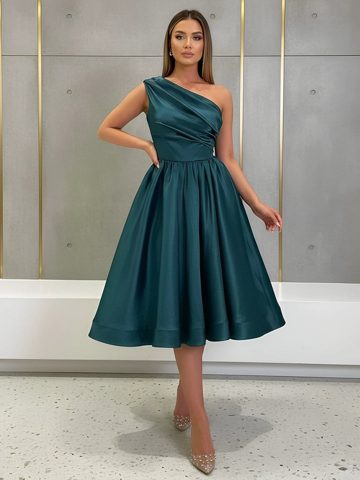 A-Line/Princess One-Shoulder Silk Satin Cocktail Dresses Sleeveless Tea-Length Pleated Formal Dresses