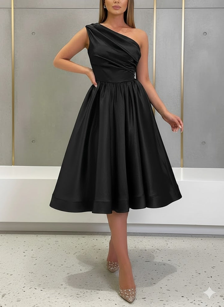 A-Line/Princess One-Shoulder Silk Satin Cocktail Dresses Sleeveless Tea-Length Pleated Formal Dresses