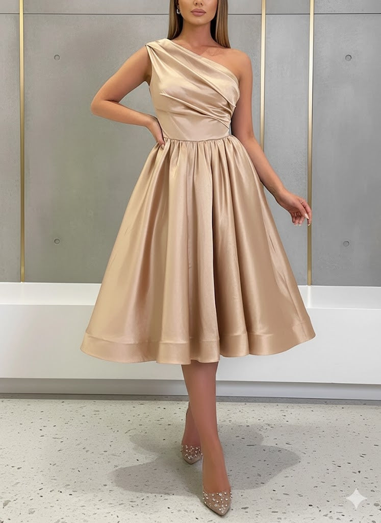 A-Line/Princess One-Shoulder Silk Satin Cocktail Dresses Sleeveless Tea-Length Pleated Formal Dresses
