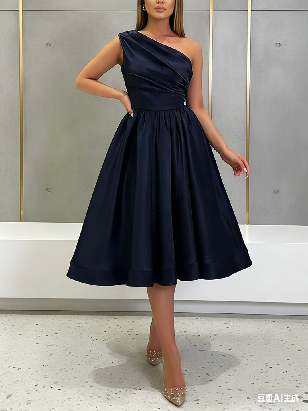 A-Line/Princess One-Shoulder Silk Satin Cocktail Dresses Sleeveless Tea-Length Pleated Formal Dresses