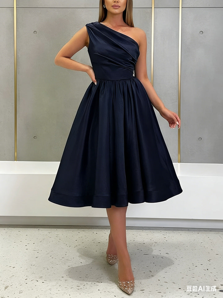A-Line/Princess One-Shoulder Silk Satin Cocktail Dresses Sleeveless Tea-Length Pleated Formal Dresses