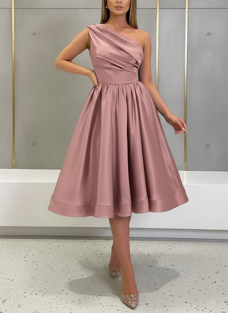 A-Line/Princess One-Shoulder Silk Satin Cocktail Dresses Sleeveless Tea-Length Pleated Formal Dresses
