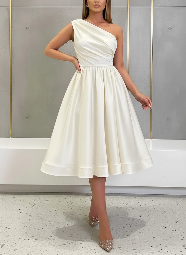 A-Line/Princess One-Shoulder Silk Satin Cocktail Dresses Sleeveless Tea-Length Pleated Formal Dresses