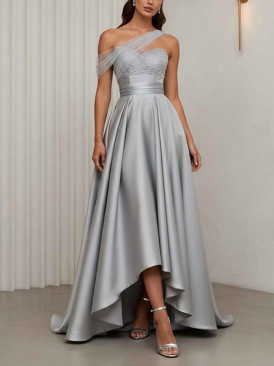 A-Line/Princess One-Shoulder Cocktail Dresses Silk Satin Sleeveless Asymmetrical Floor-Length Sweep Train Tulle Formal Dresses