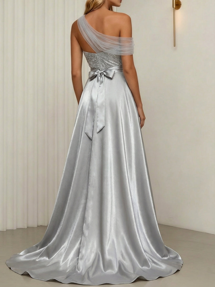 A-Line/Princess One-Shoulder Cocktail Dresses Silk Satin Sleeveless Asymmetrical Floor-Length Sweep Train Tulle Formal Dresses
