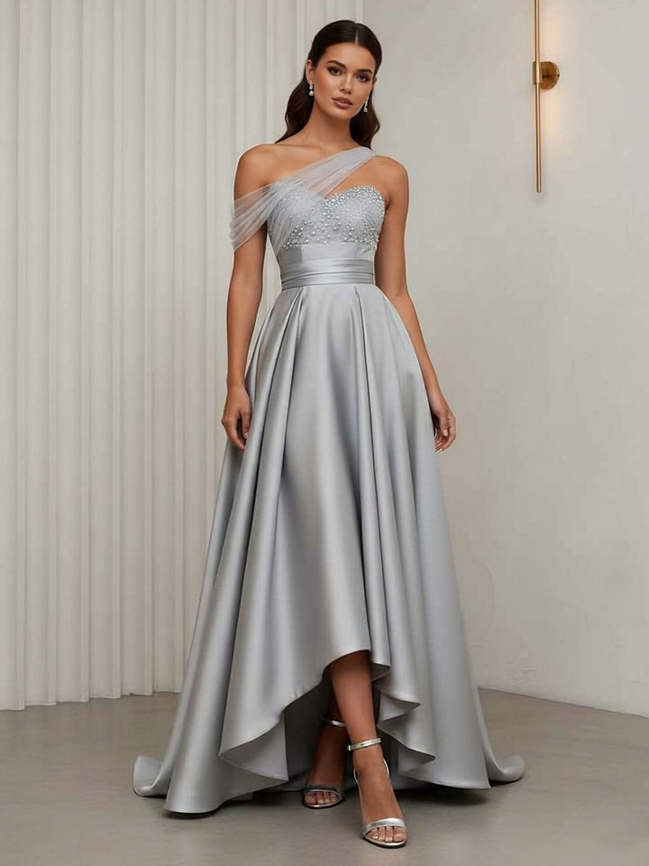 A-Line/Princess One-Shoulder Cocktail Dresses Silk Satin Sleeveless Asymmetrical Floor-Length Sweep Train Tulle Formal Dresses