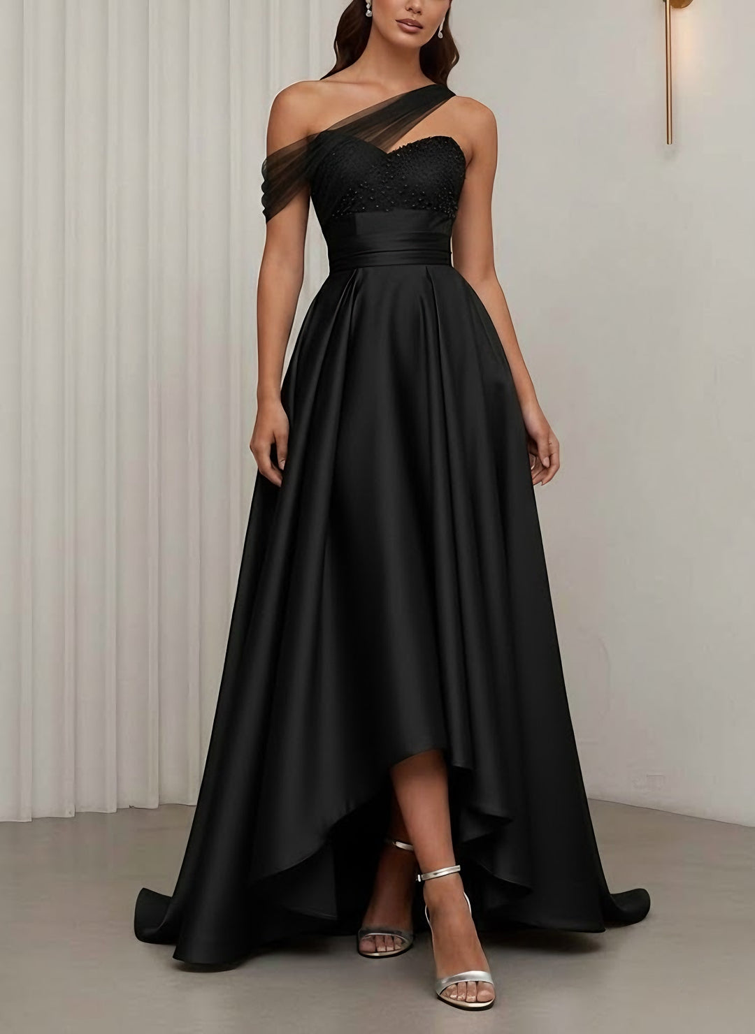 A-Line/Princess One-Shoulder Cocktail Dresses Silk Satin Sleeveless Asymmetrical Floor-Length Sweep Train Tulle Formal Dresses