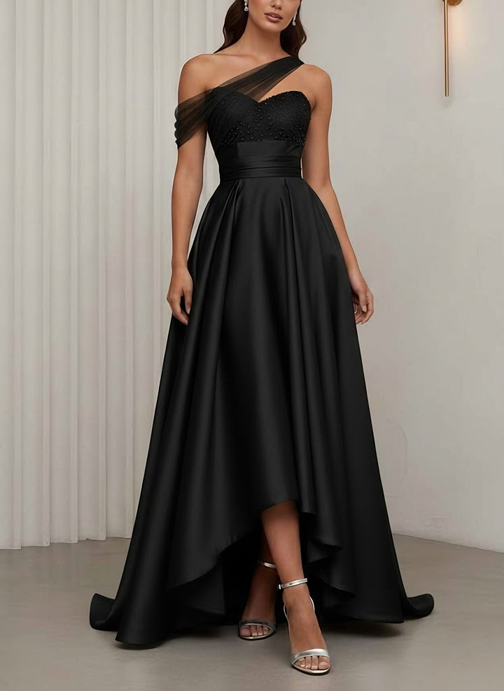 A-Line/Princess One-Shoulder Cocktail Dresses Silk Satin Sleeveless Asymmetrical Floor-Length Sweep Train Tulle Formal Dresses