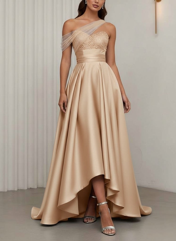 A-Line/Princess One-Shoulder Cocktail Dresses Silk Satin Sleeveless Asymmetrical Floor-Length Sweep Train Tulle Formal Dresses