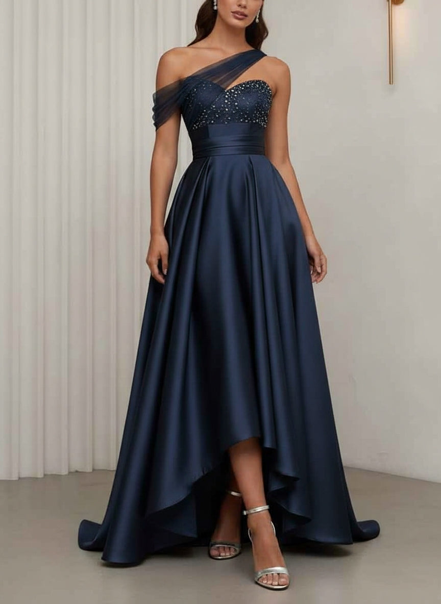 A-Line/Princess One-Shoulder Cocktail Dresses Silk Satin Sleeveless Asymmetrical Floor-Length Sweep Train Tulle Formal Dresses