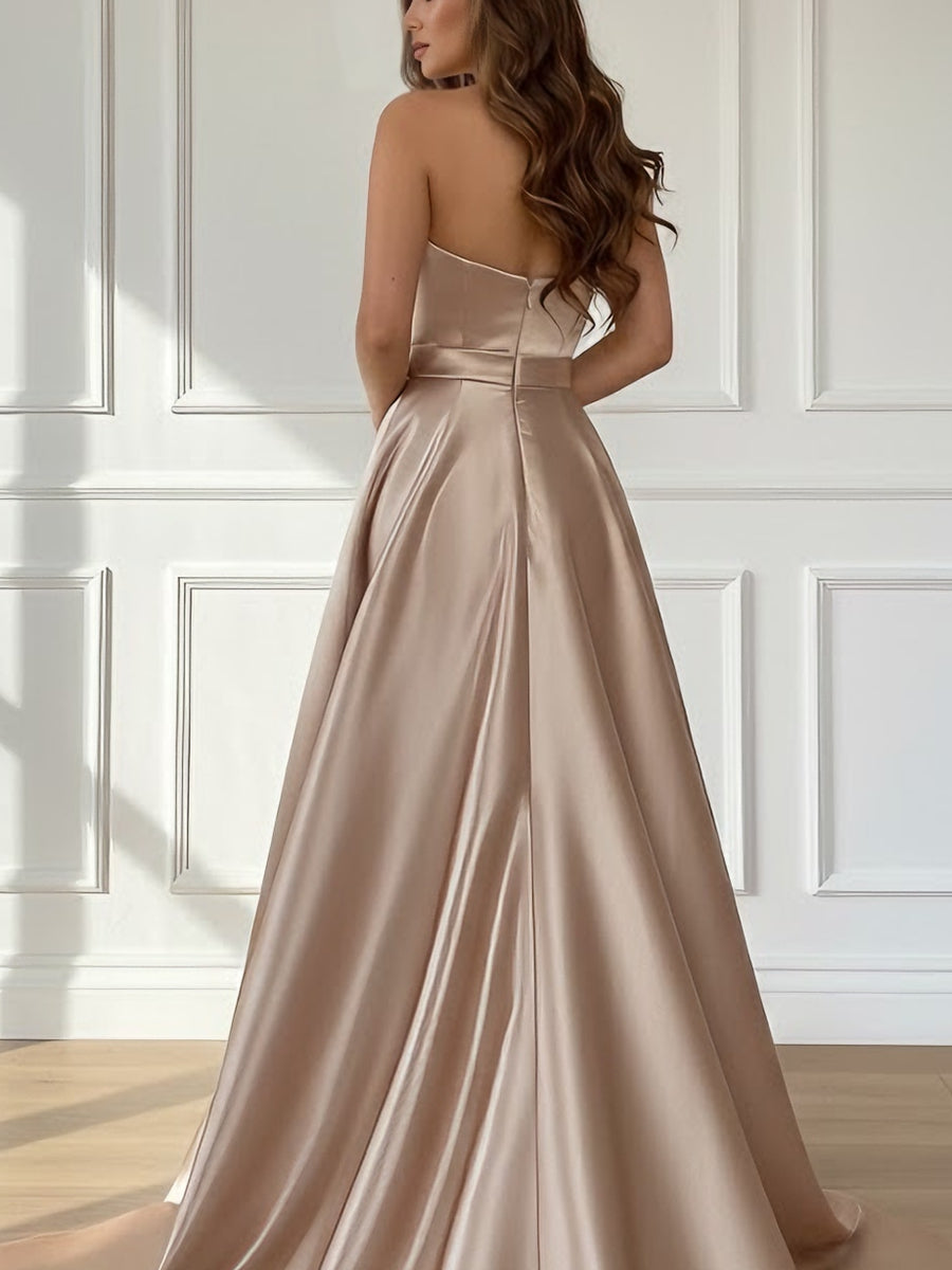 A-Line/Princess Sweetheart Satin Evening Dresses with Split Side Sleeveless Floor-Length Party Dresses