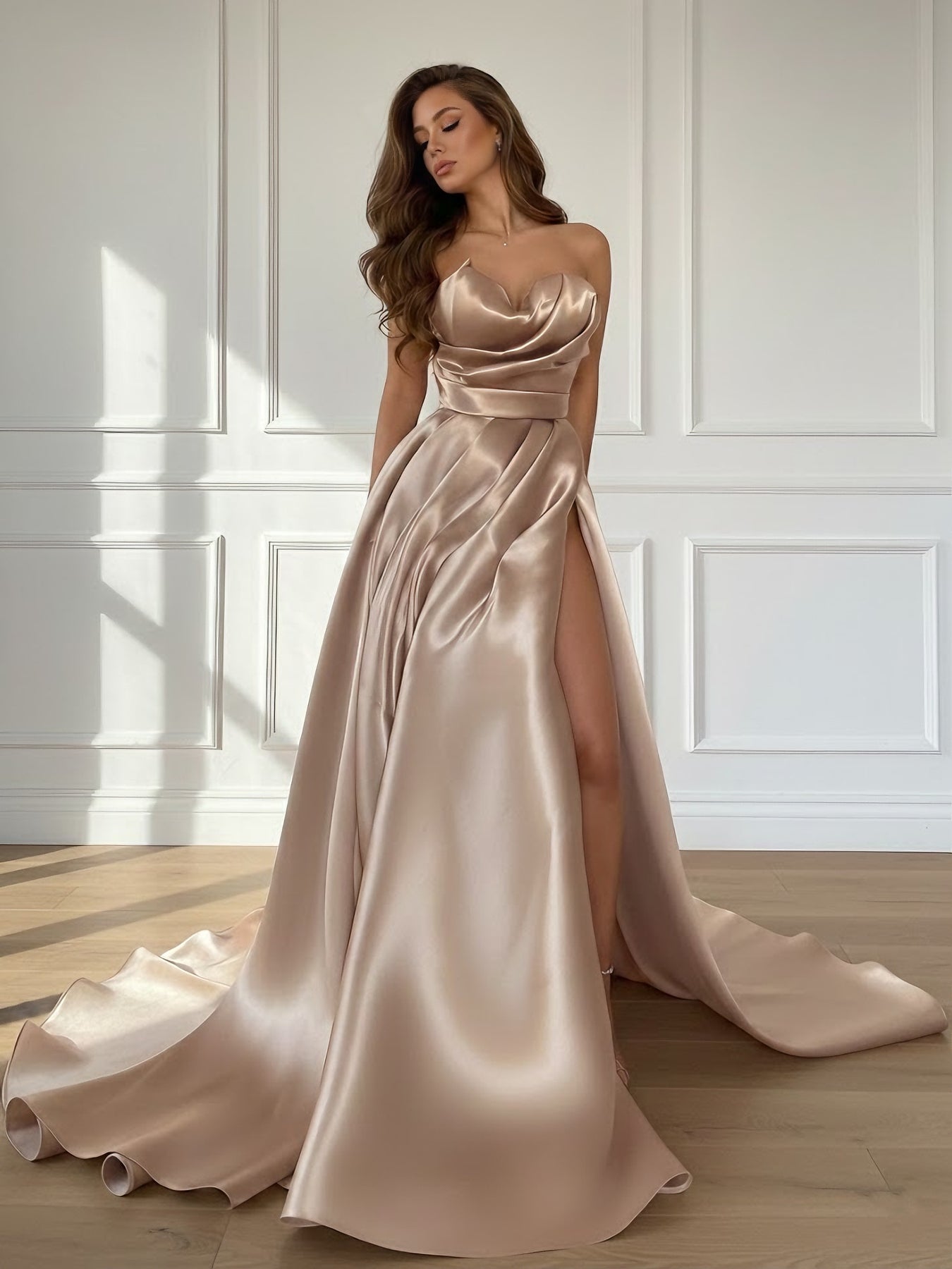 A-Line/Princess Sweetheart Satin Evening Dresses with Split Side Sleev ...