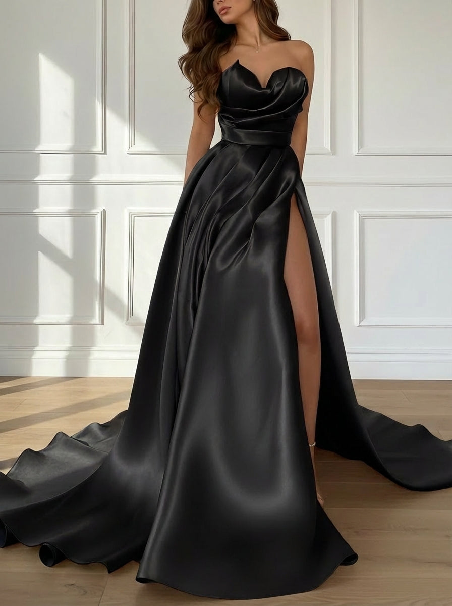 A-Line/Princess Sweetheart Satin Evening Dresses with Split Side Sleev ...