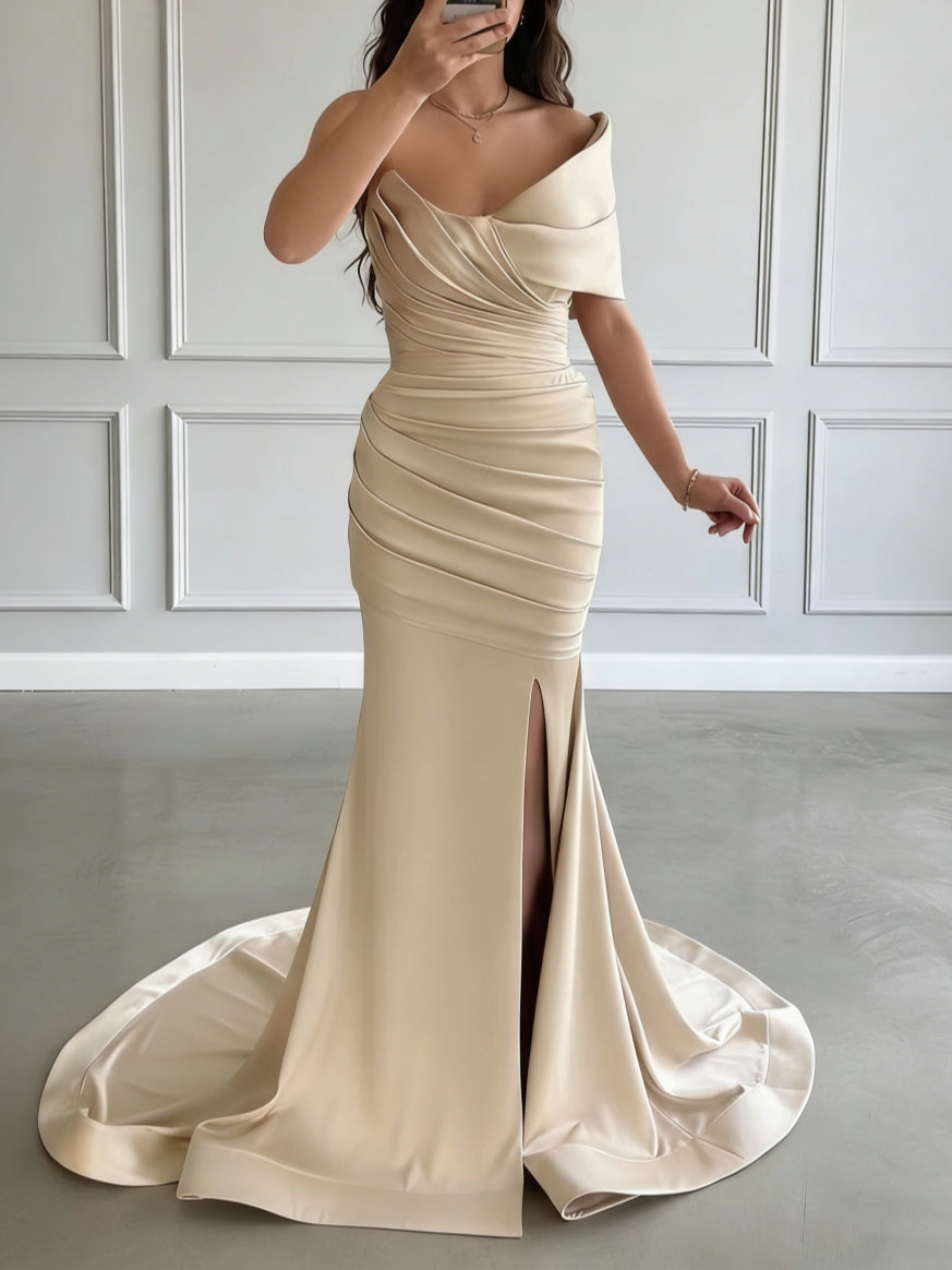 Trumpet/Mermaid One-Shoulder Satin Evening Dresses with Split Side Sleeveless Sweep Train Floor-Length Party Dresses