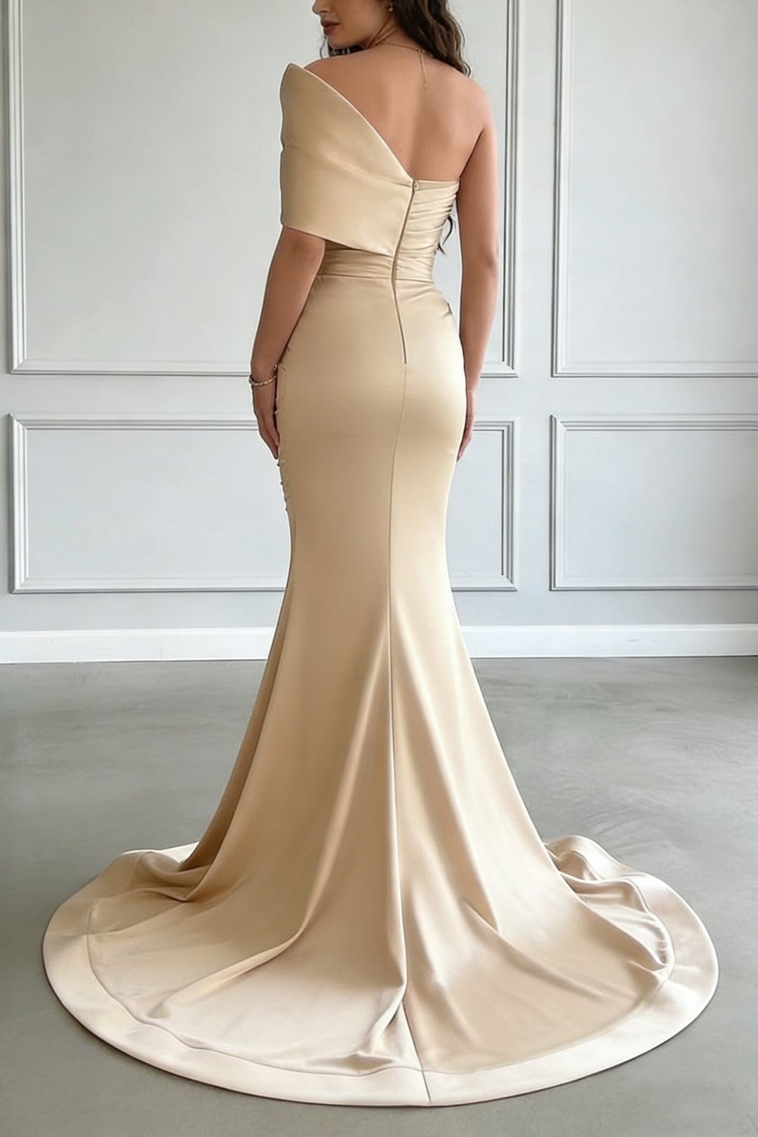 Trumpet/Mermaid One-Shoulder Satin Evening Dresses with Split Side Sleeveless Sweep Train Floor-Length Party Dresses