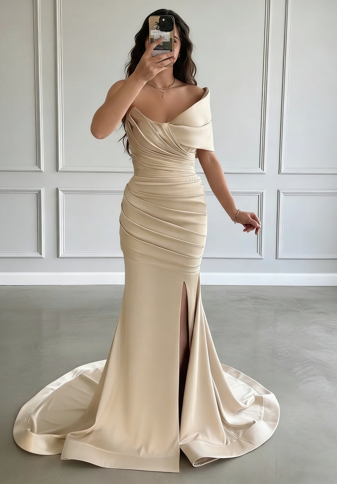 Trumpet/Mermaid One-Shoulder Satin Evening Dresses with Split Side Sleeveless Sweep Train Floor-Length Party Dresses