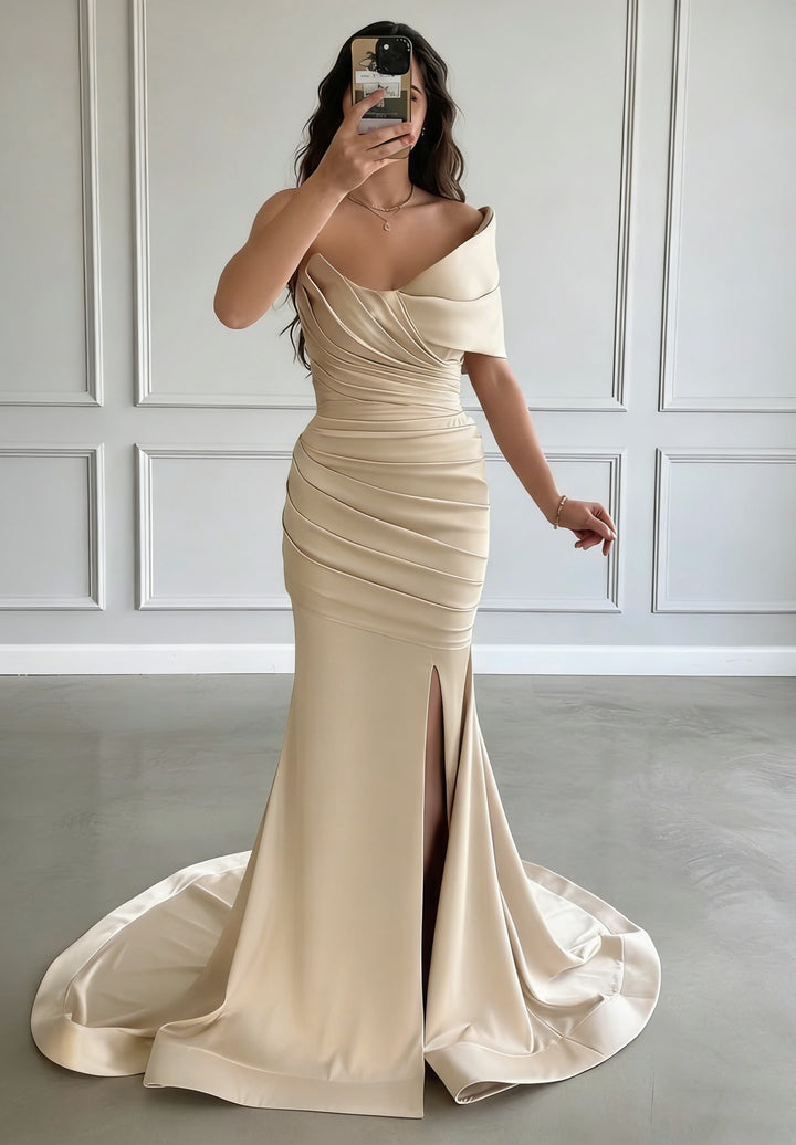 Trumpet/Mermaid One-Shoulder Satin Evening Dresses with Split Side Sleeveless Sweep Train Floor-Length Party Dresses