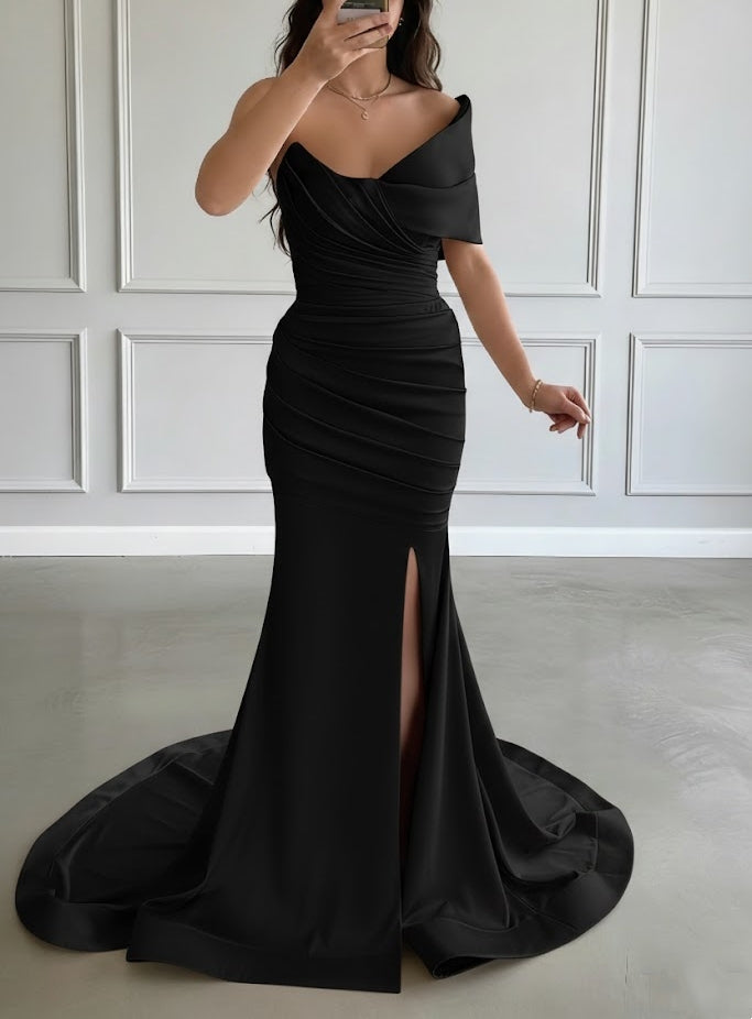 Trumpet/Mermaid One-Shoulder Satin Evening Dresses with Split Side Sleeveless Sweep Train Floor-Length Party Dresses