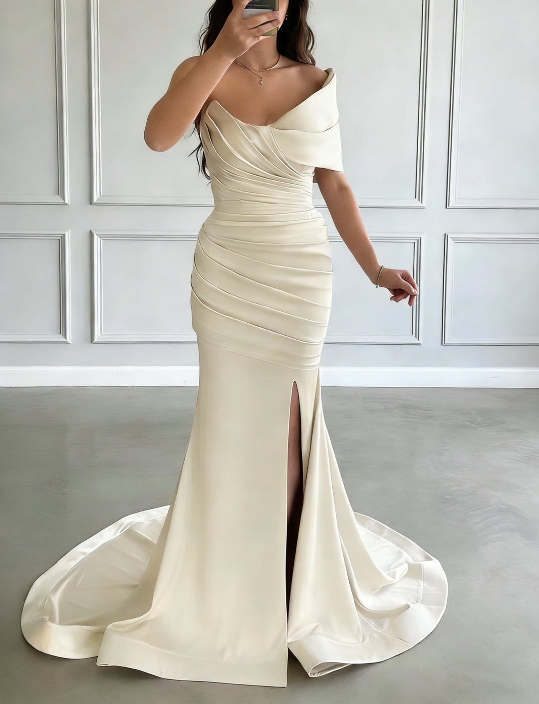 Trumpet/Mermaid One-Shoulder Satin Evening Dresses with Split Side Sleeveless Sweep Train Floor-Length Party Dresses