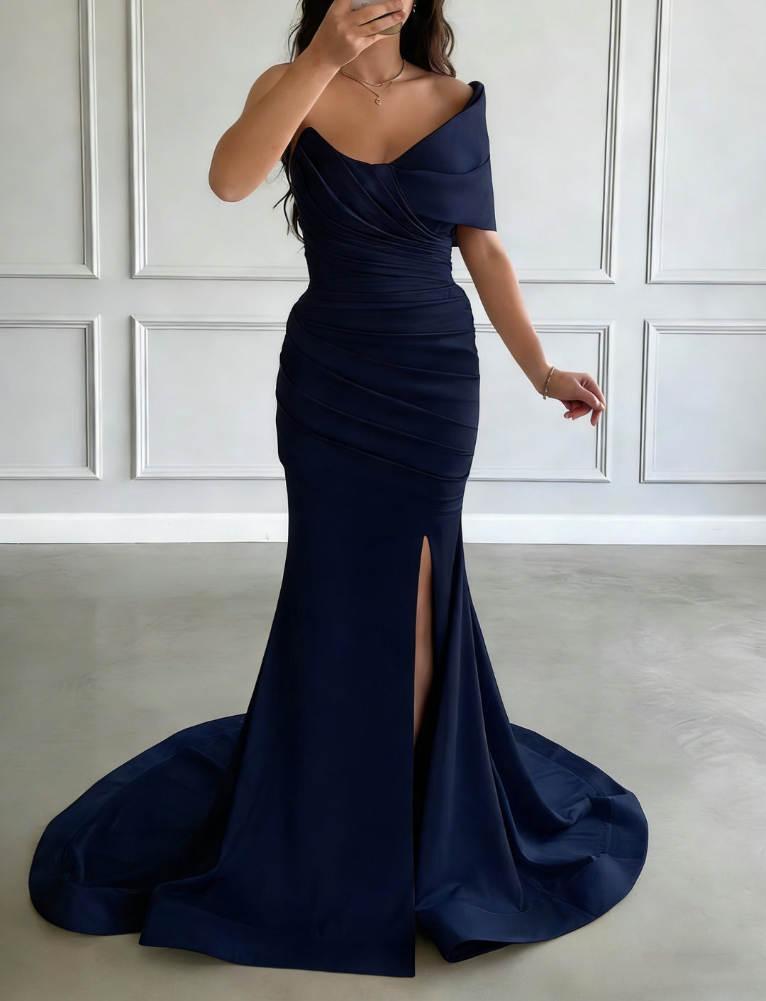 Trumpet/Mermaid One-Shoulder Satin Evening Dresses with Split Side Sleeveless Sweep Train Floor-Length Party Dresses