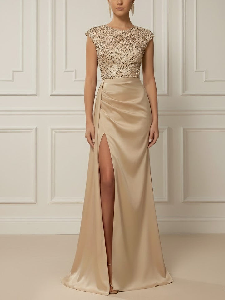Trumpet/Mermaid Scoop Satin Evening Dresses with Split Side Sleeveless Sequins Floor-Length Party Dresses