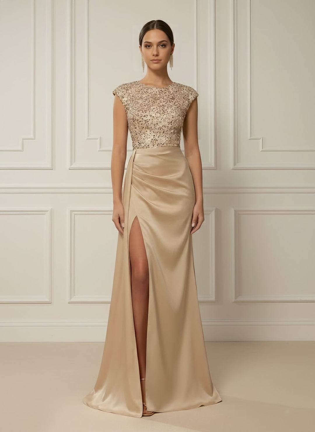 Trumpet/Mermaid Scoop Satin Evening Dresses with Split Side Sleeveless Sequins Floor-Length Party Dresses