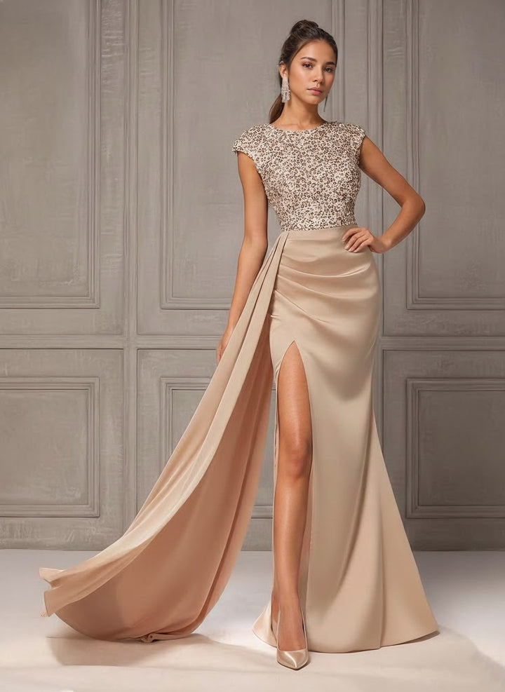 Trumpet/Mermaid Scoop Satin Evening Dresses with Split Side Sleeveless Sequins Floor-Length Party Dresses