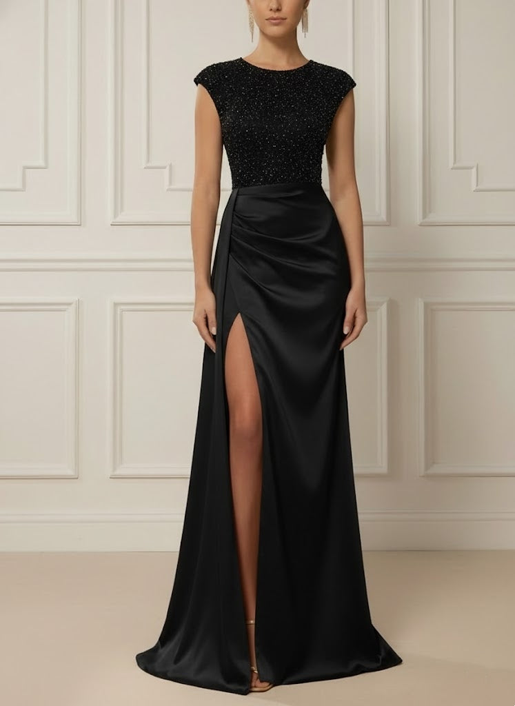 Trumpet/Mermaid Scoop Satin Evening Dresses with Split Side Sleeveless Sequins Floor-Length Party Dresses